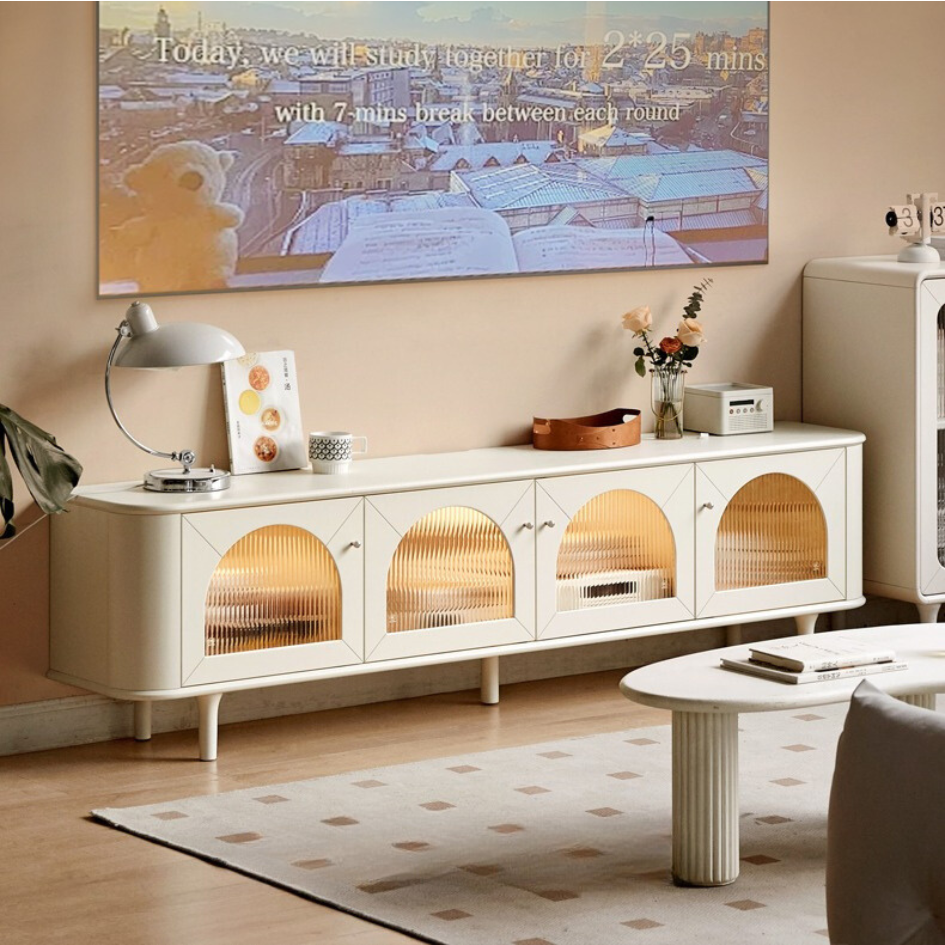 Ash solid wood TV cabinet cream style