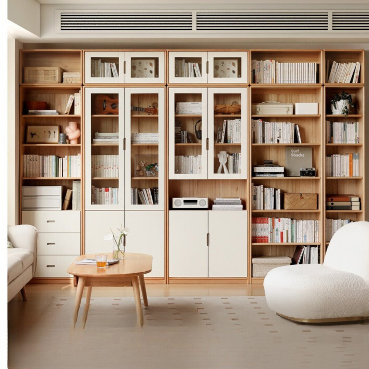solid wood bookcase European beech bookshelf full wall display cabinet ...