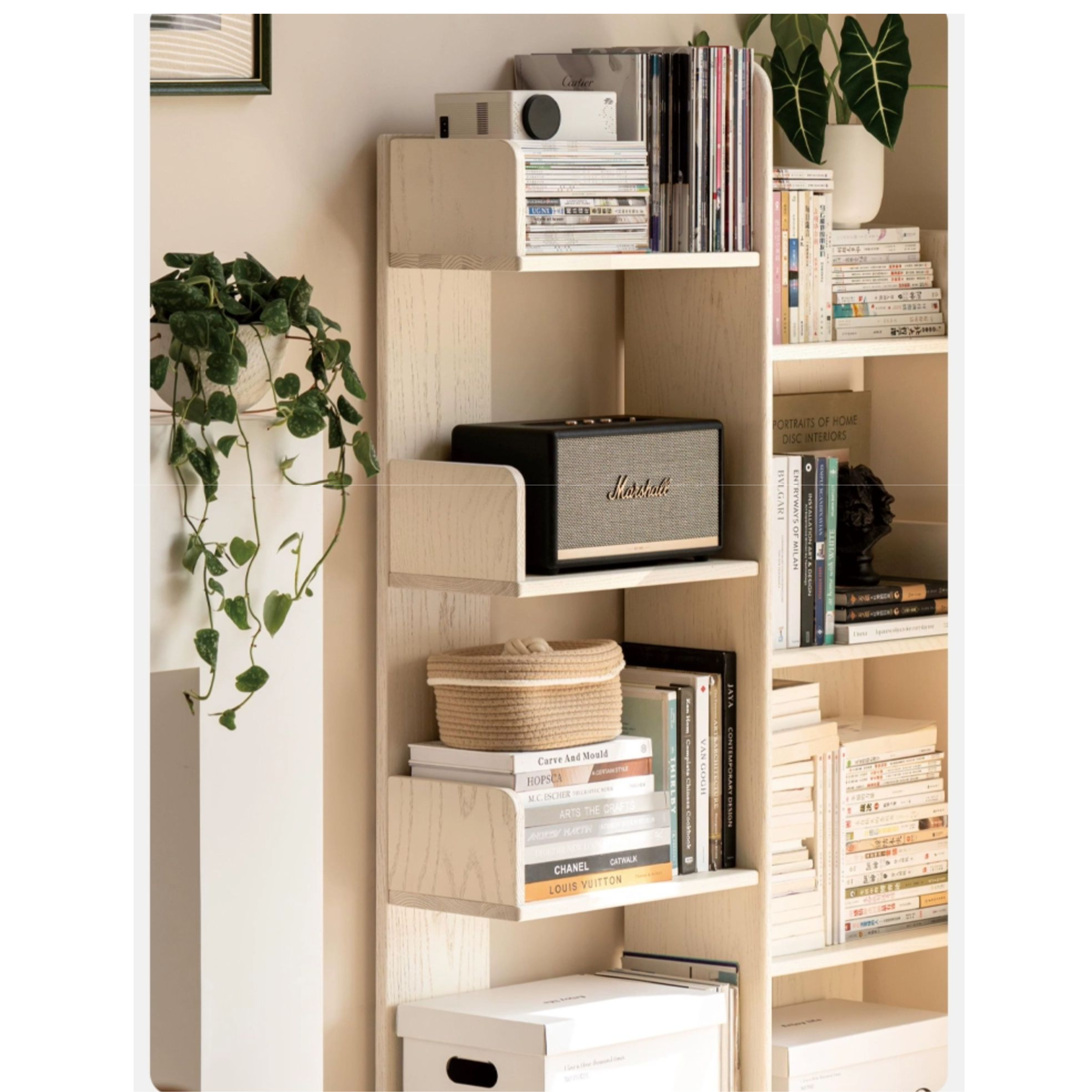 Oak Solid Wood Floor to Floor Cream Cactus Shelf Corner Bookcase Display