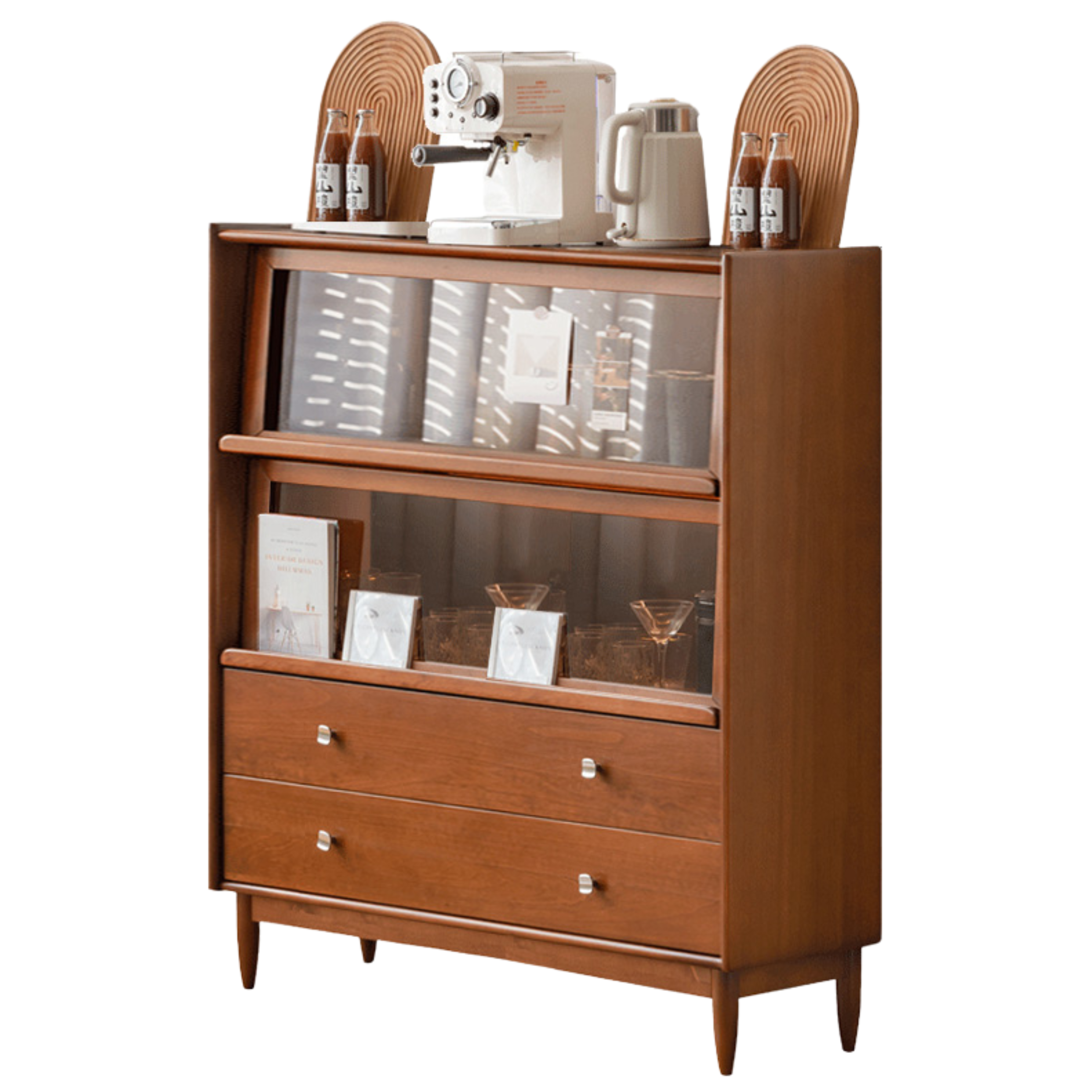 Black Walnut, Oak Solid Wood Side Cabinet Flip Door LED Lights