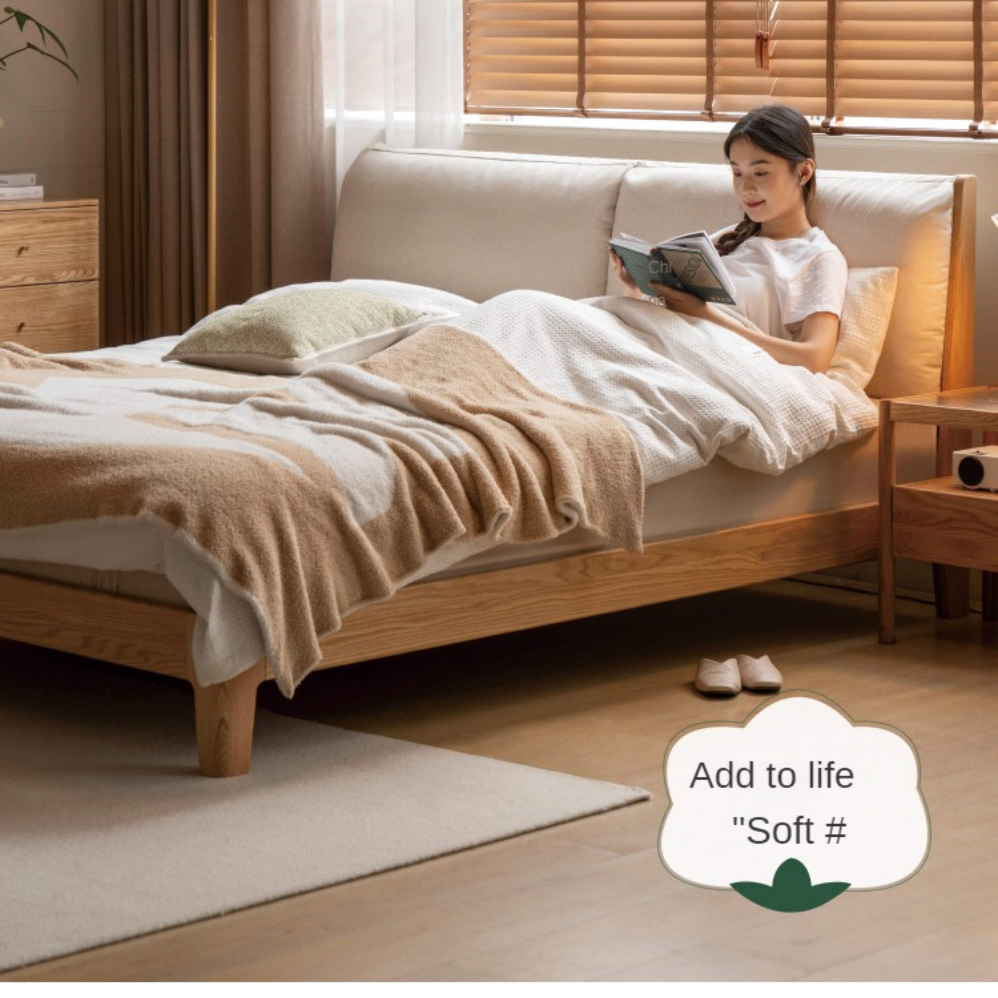 Oak Solid Wood Fabric Soft Bed"