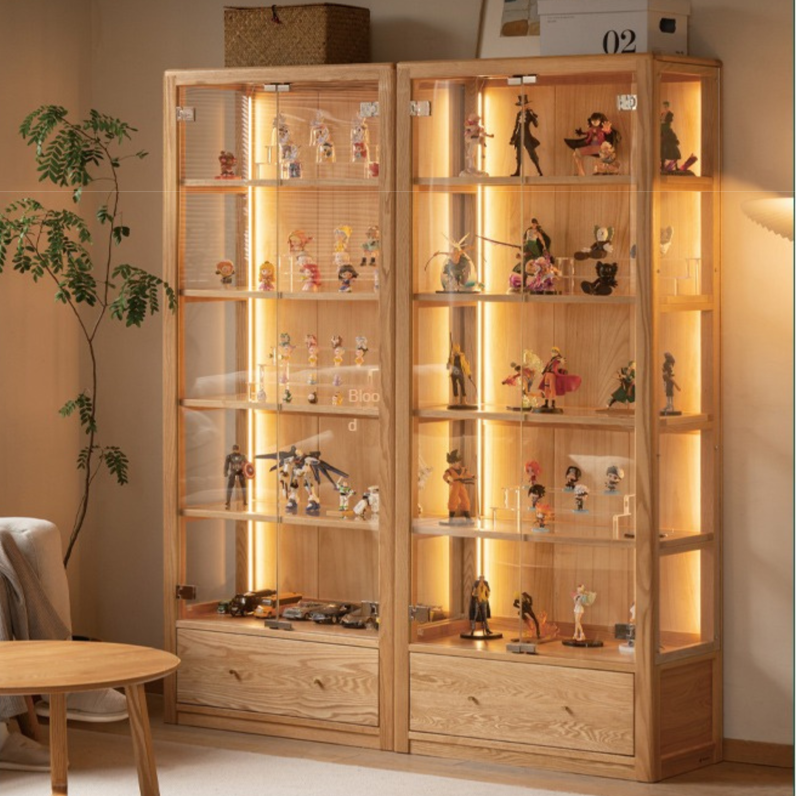 Bookcase, glass door bookshelf display cabinet oak solid wood"-