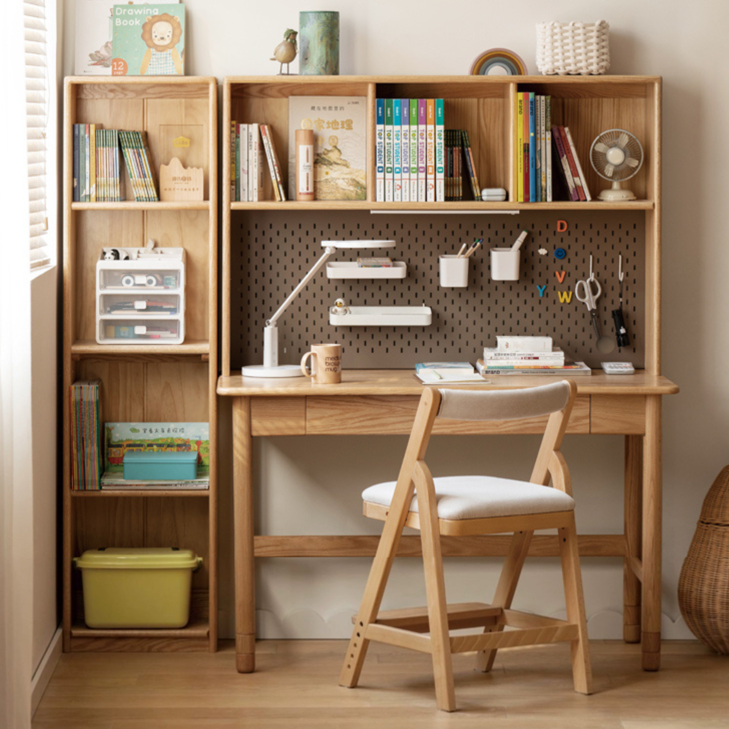 Solid Wood Bookshelf Integrated Table Kids's Study Desk Home