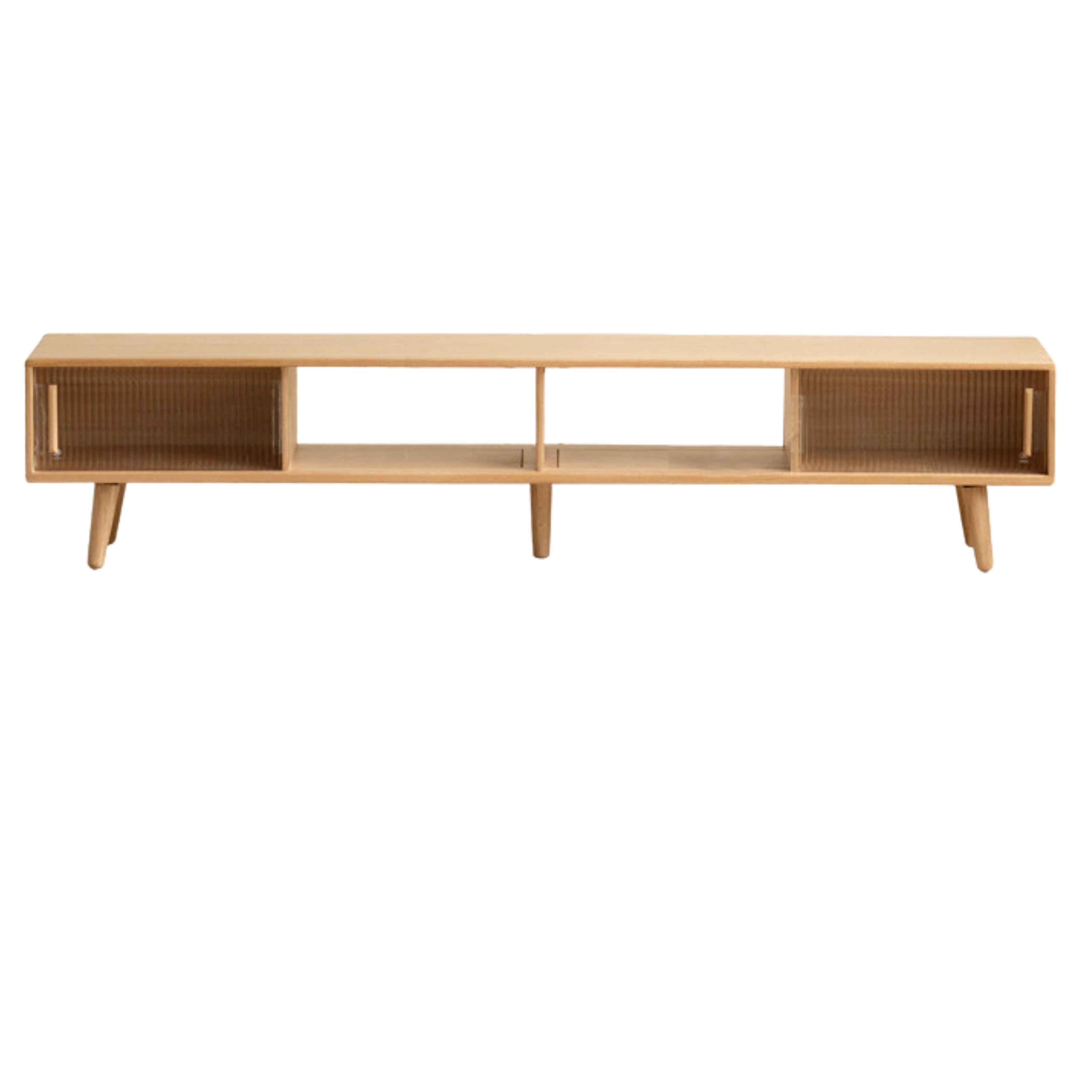 Oak, Rubber Solid Wood TV Stand Glass Sliding Door-