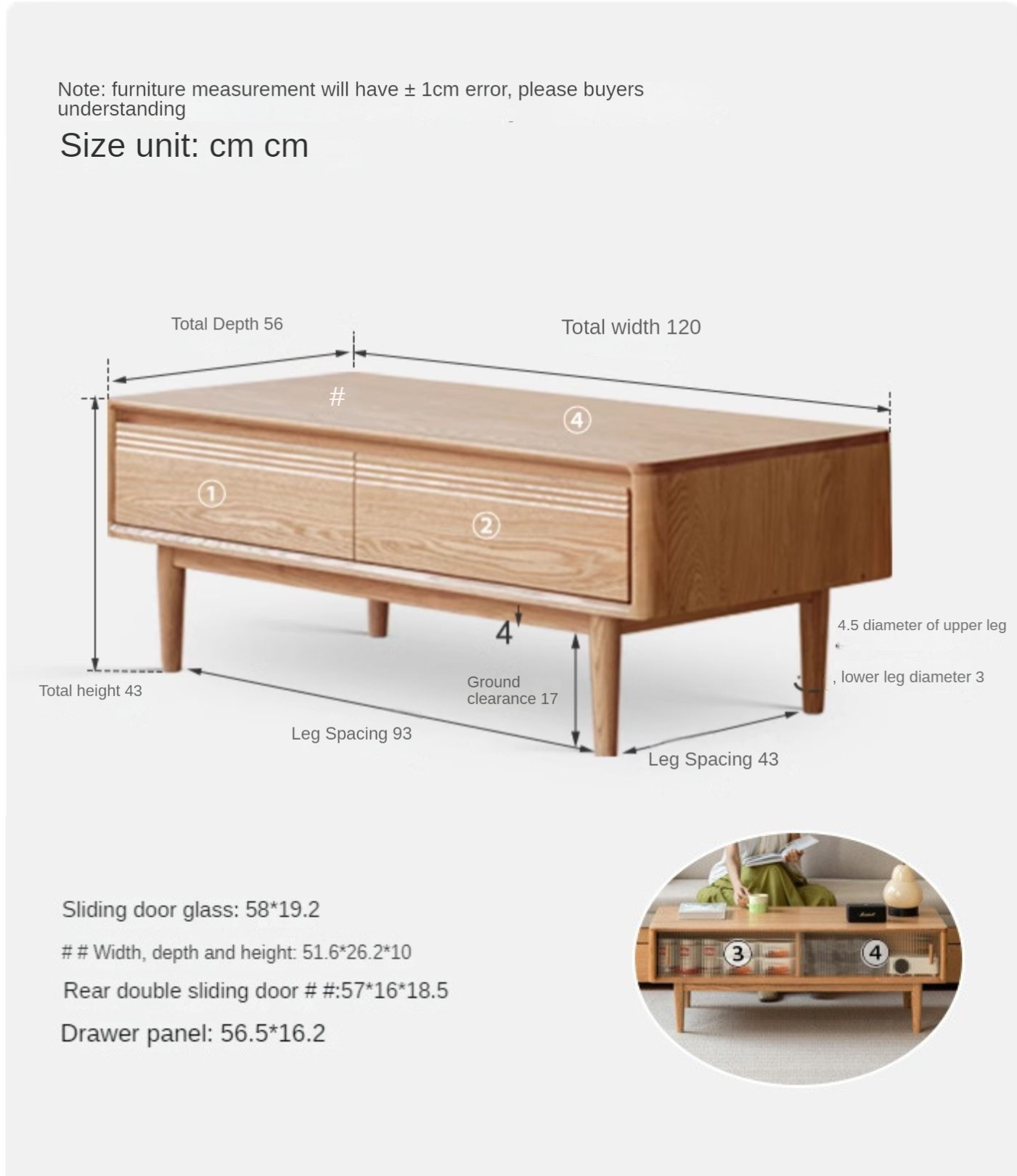 Oak solid wood glass sliding door coffee table,