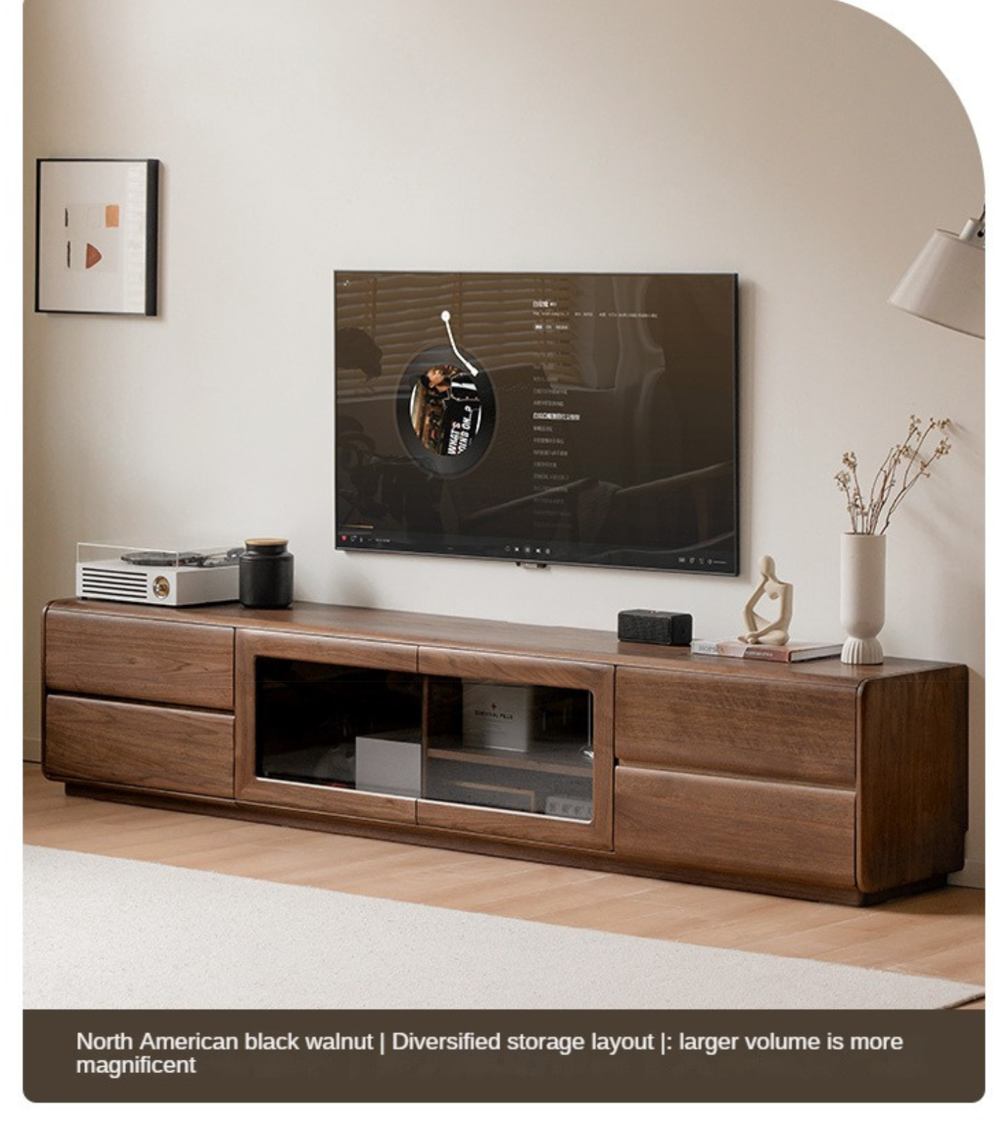 Black walnut, Ash solid wood floor TV cabinet