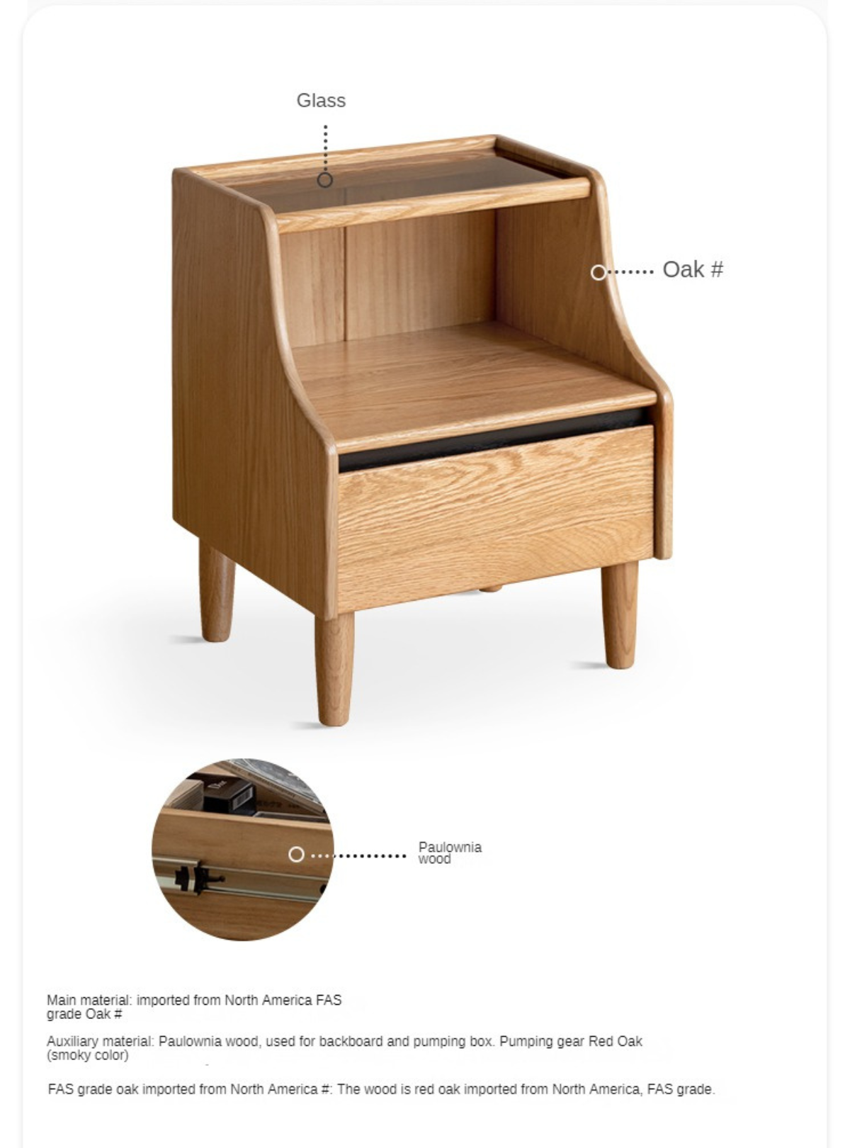 Oak Solid Wood, Solid Rubberwood Glass Nightstand