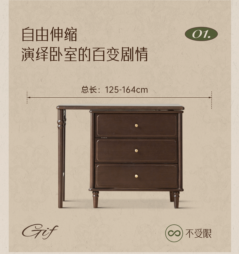 Poplar Solid Wood Vintage Extendable Vanity Desk with Round Mirror and Turned Legs