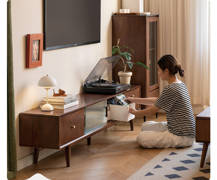 Oak Solid Wood TV Stand Glass Sliding Door: