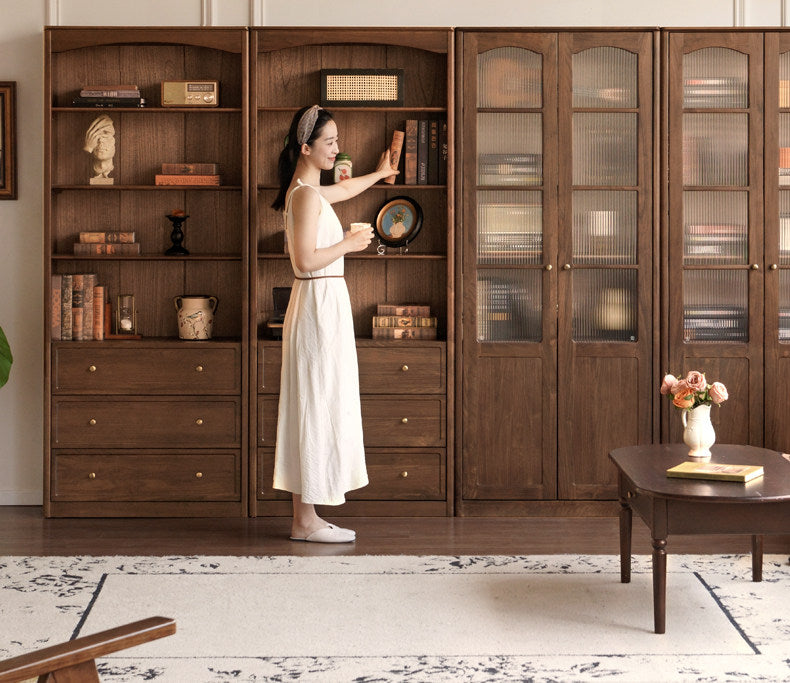 Black Walnut Solid Wood Bookshelf and Display Cabinet with Vintage French Profile