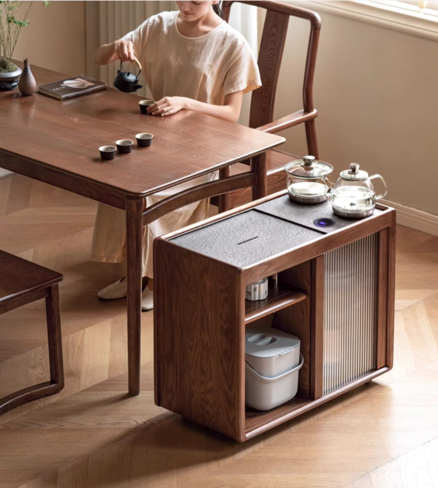 Ash, Oak, Black Walnut Solid Wood Mobile Tea Cabinet