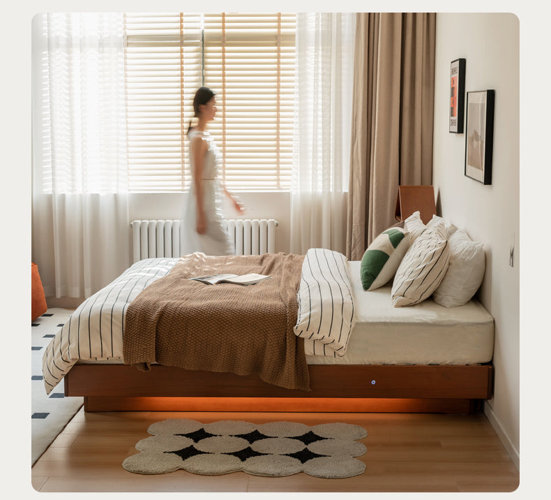 Poplar Solid Wood Retro Platform Box Bed, Headboard-Free Bed with light