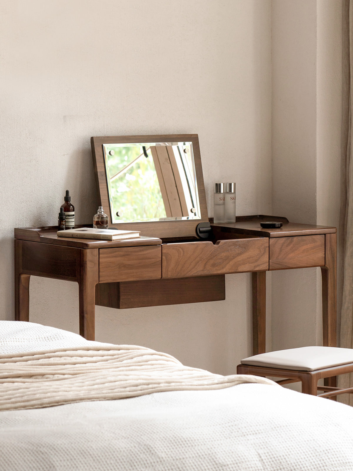 Black Walnut, Ash Solid Wood Flip Dressing Table.