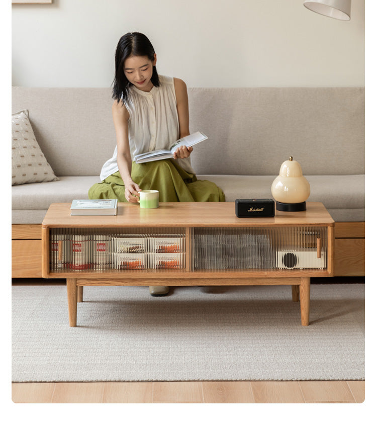 Oak solid wood glass sliding door coffee table,