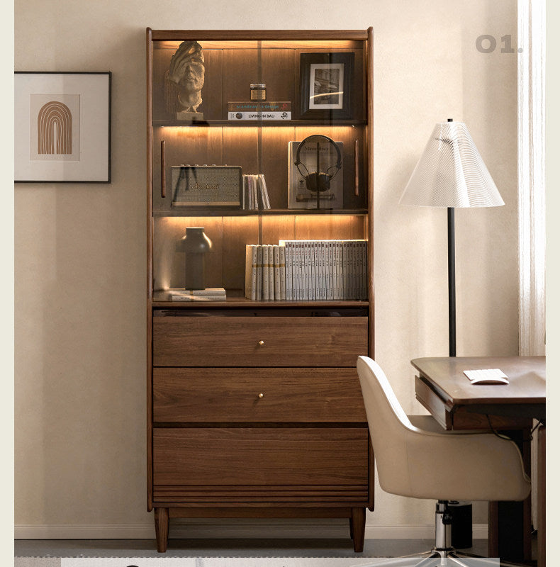 Black Walnut Solid Wood Bookcase with Interior Lighting