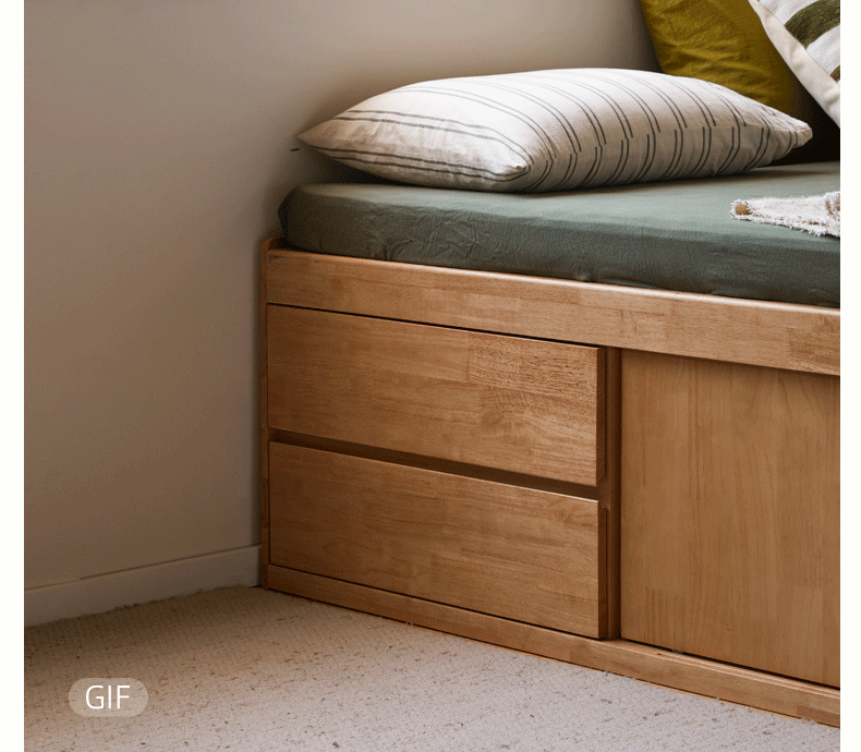 Rubberwood Solid Wood Low Platform Storage Bed with Side Drawers