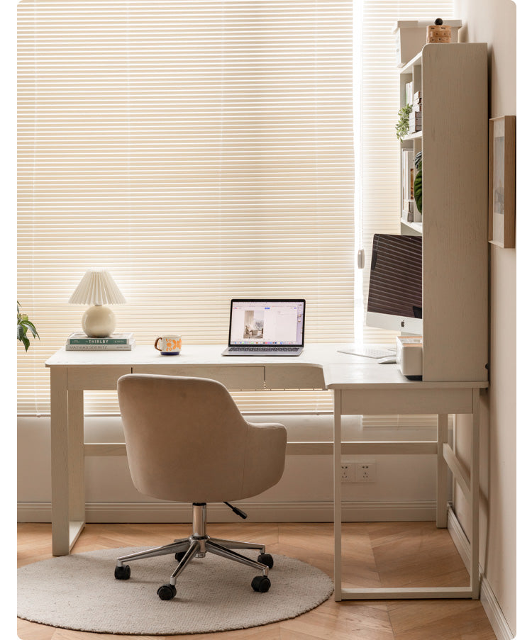 Oak Solid Wood Modern Cream Style Desk and Bookshelf Integrated