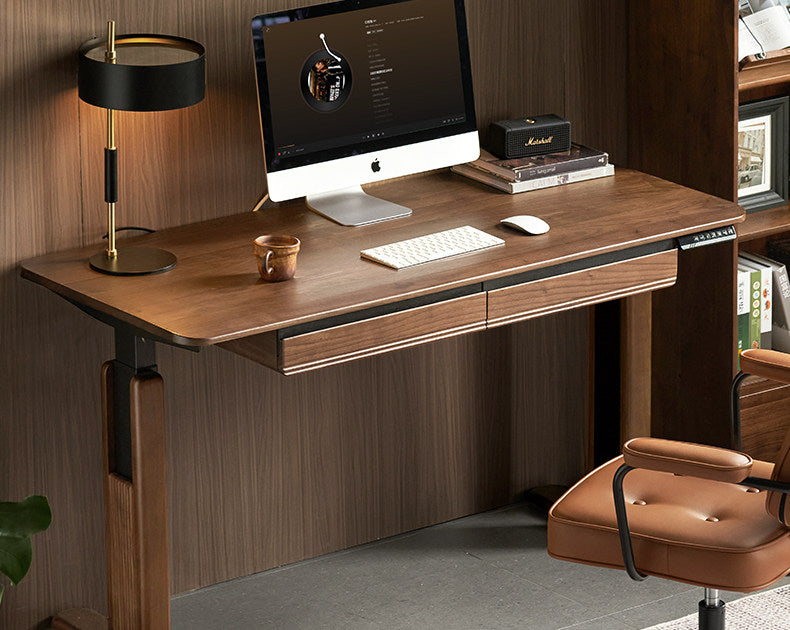 Black Walnut, White Ash Solid Wood Electric Height-Adjustable Standing Desk with Storage Drawers