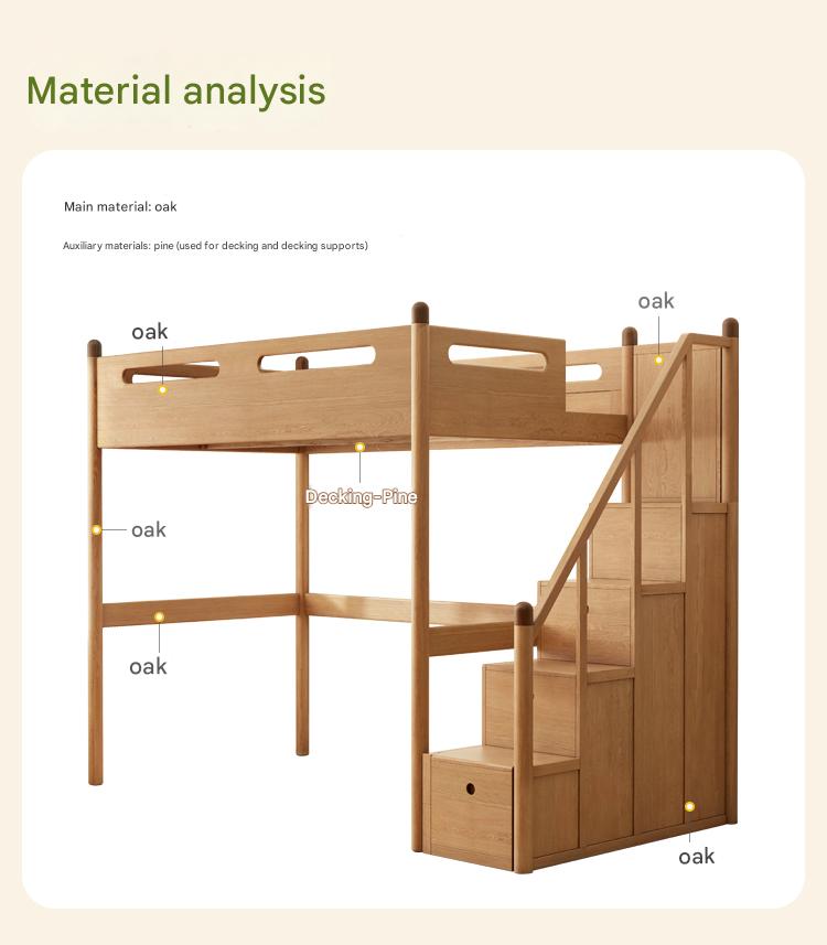 Oak solid wood Loft bed with cabinet