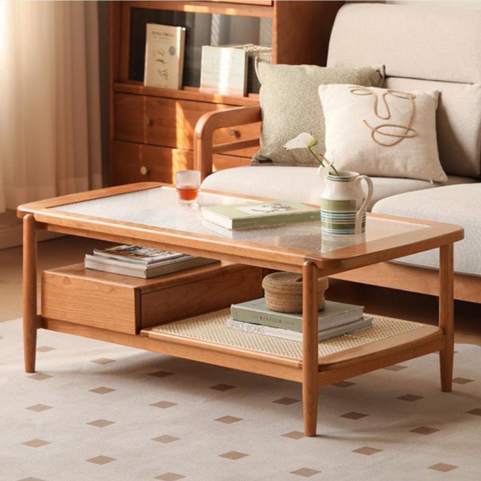 Cherry Solid Wood Coffee Table Glass, Rattan