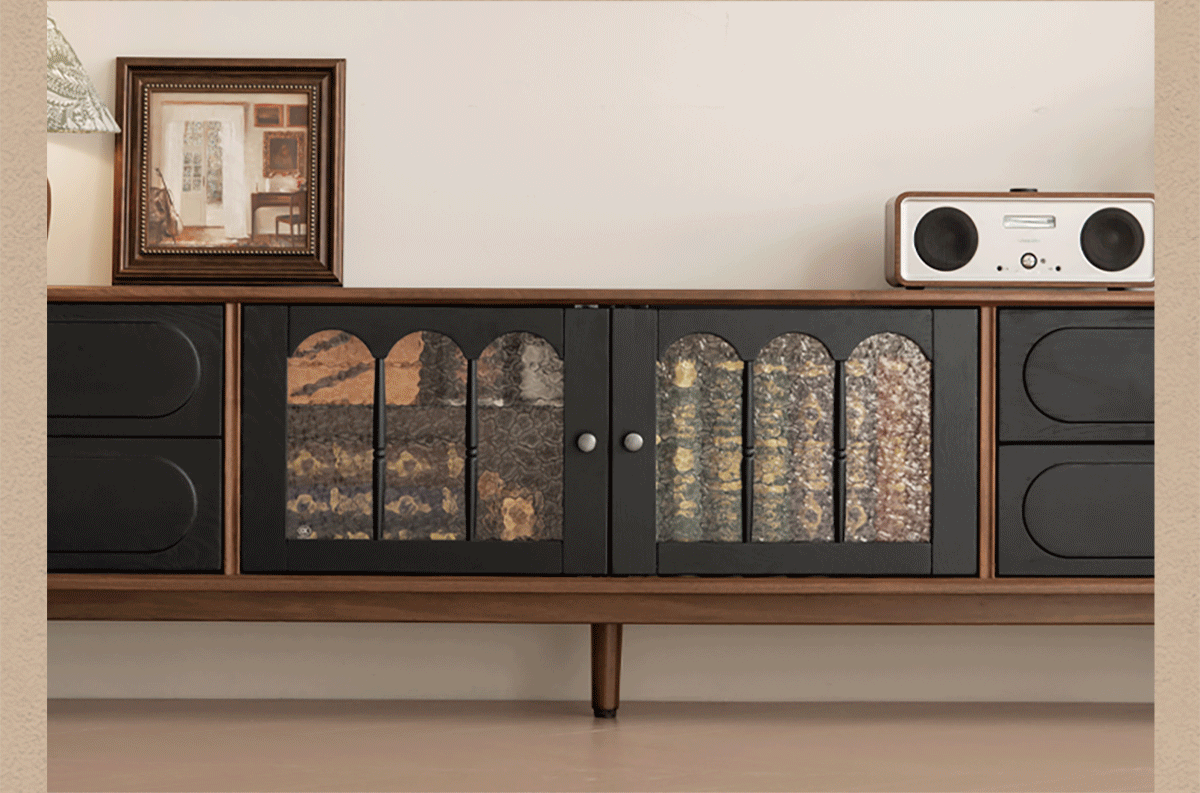Black Walnut +ash Solid Wood  French Country TV Console with Arched Glass Doors