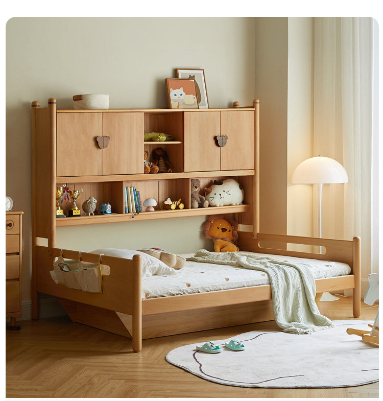 Oak Solid Wood Kids Storage Bed with Built-In Bookcase Headboard and Lift Storage