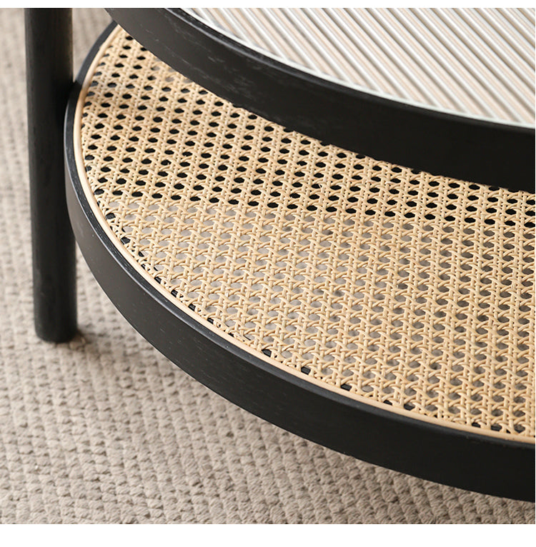 Oak Solid Wood Rattan Black Glass Round Coffee Table