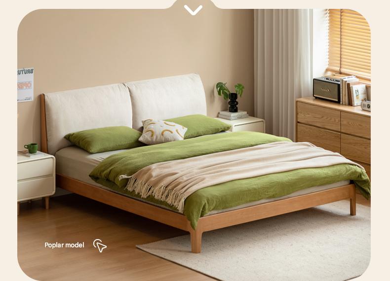 Rubberwood Solid Wood Upholstered Platform Bed with Cushioned Headboard, White