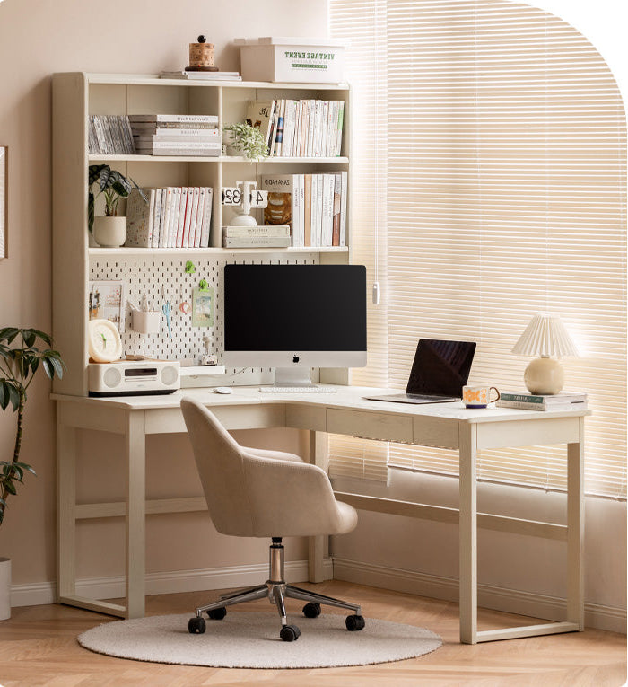 Oak Solid Wood Modern Cream Style Desk and Bookshelf Integrated