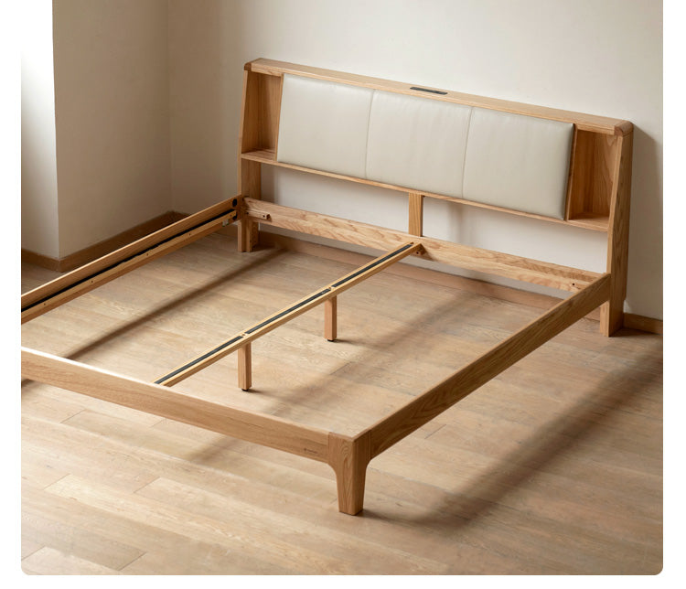 Oak Solid wood Leather, technical fabric back luminous bed with shelf"