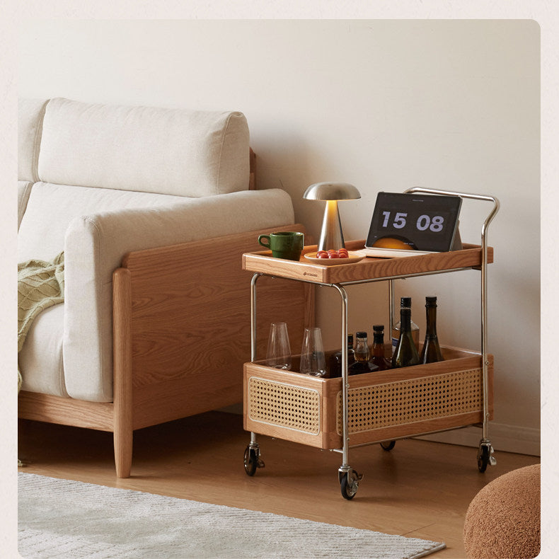 Oak Solid Wood Side Table with Double Layer Storage and Rattan Accents, Mobile