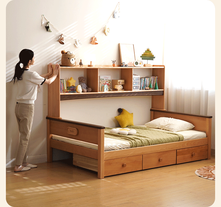 Beech Solid Wood Kids Bed with Bookcase Headboard and Pull-Out Trundle