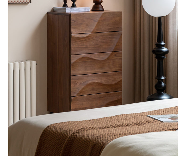 Black Walnut Solid Wood Wave Bedroom Side Cabinet,