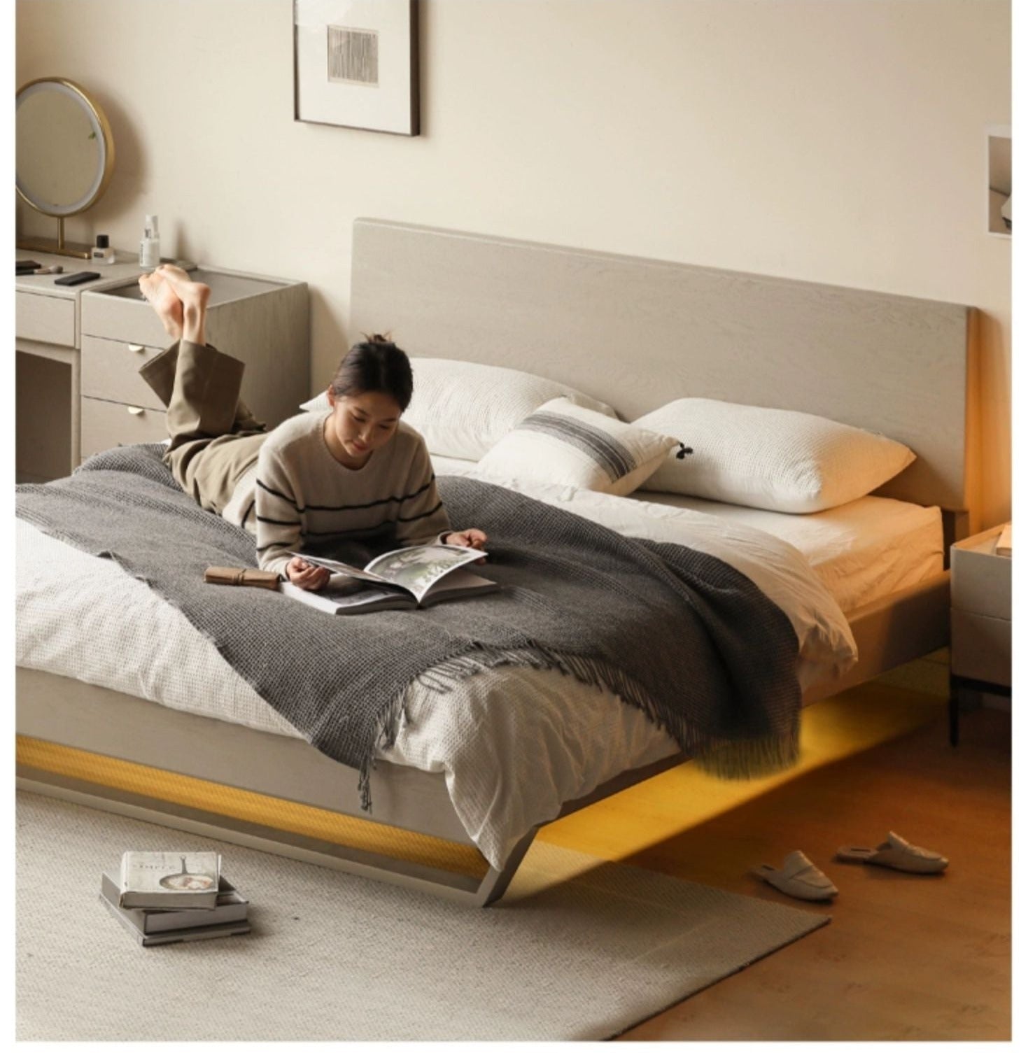 Oak Solid Wood Suspension Bed Light Luxuri ")