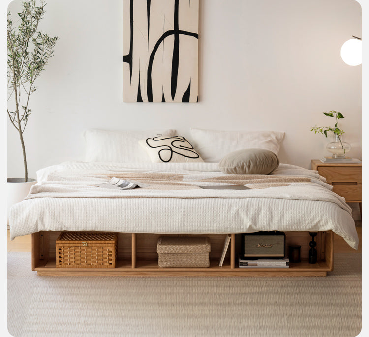 Oak solid wood platform bed, headboard-free box bed<