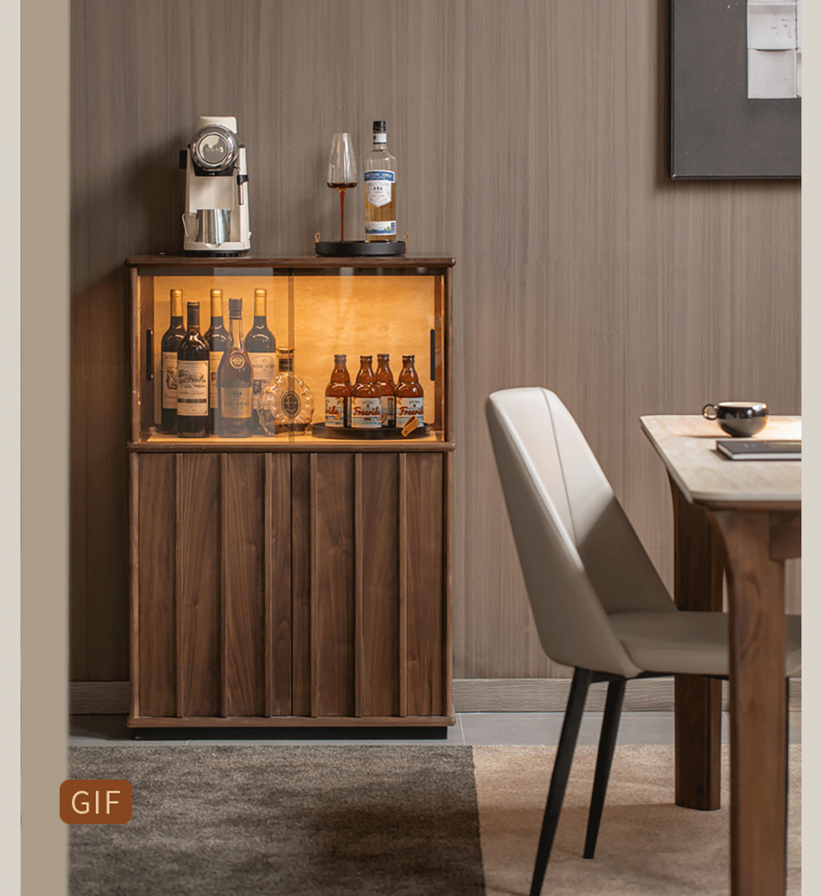 Black Walnut, Oak Solid Wood Side Cabinet with Modern Casual Display Design