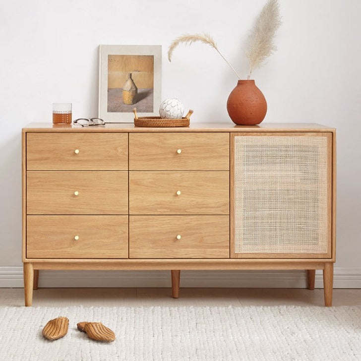 Oak solid wood six-drawer rattan storage cabinet+