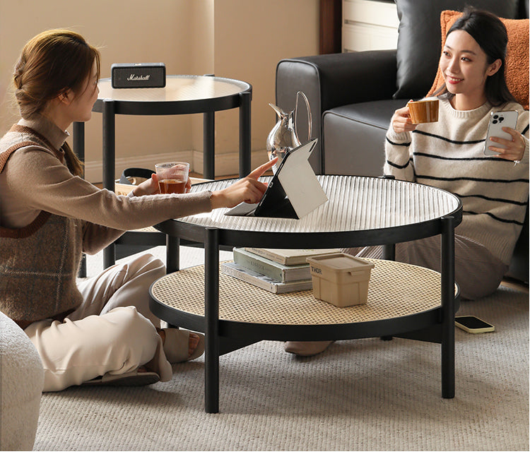 Oak Solid Wood Rattan Black Glass Round Coffee Table