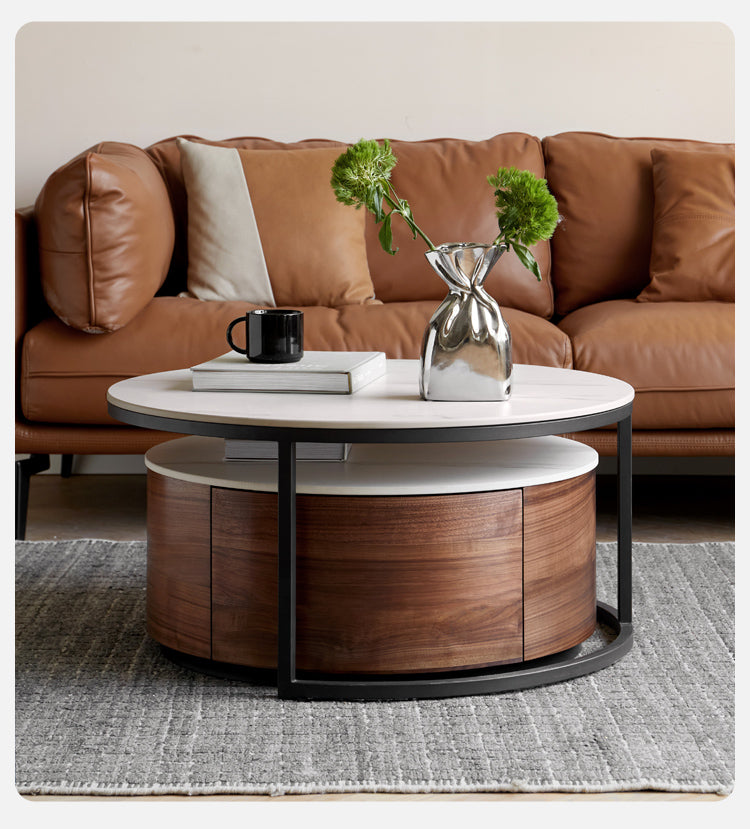 Black walnut solid wood light luxury round rock plate coffee table