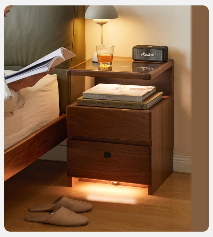 Black walnut solid wood wireless charging with lock Smart nightstand=