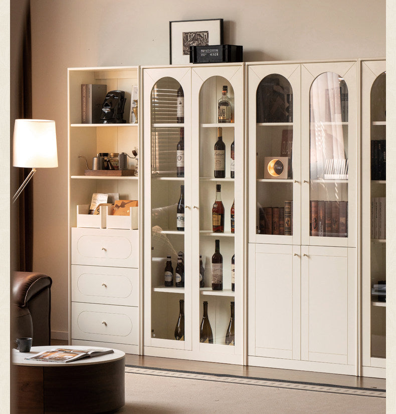 Solid RubberWood Bookcase White With Glass Door French Cream Style
