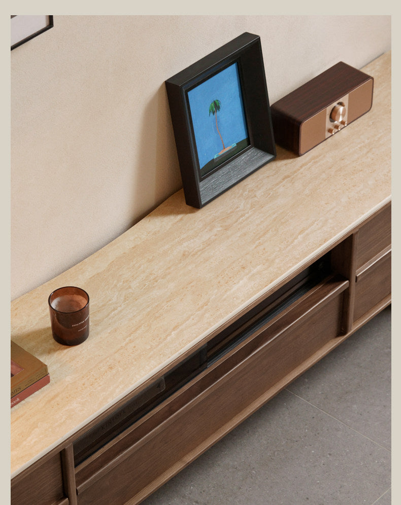 Black Walnut Solid Wood Luxury Style TV Cabinet with Slab Top and Storage