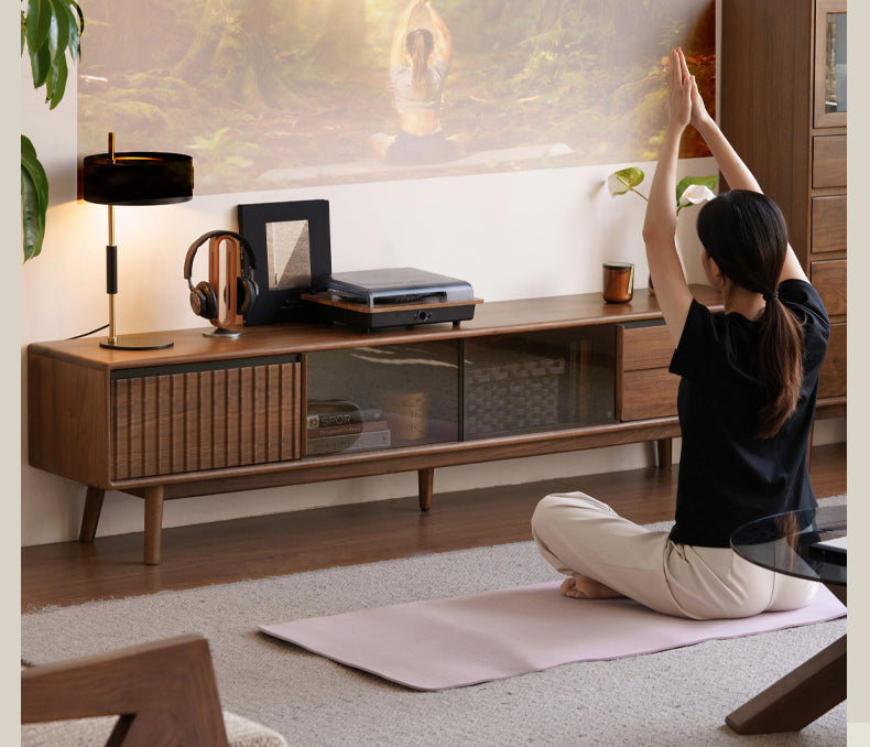 Black Walnut Solid Wood Italian Light Luxury Sliding Door TV Cabinet