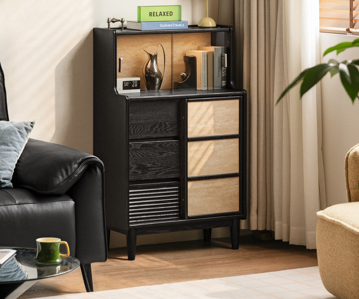 Oak Solid Wood Bauhaus Style Bar Cabinet with Sliding Doors