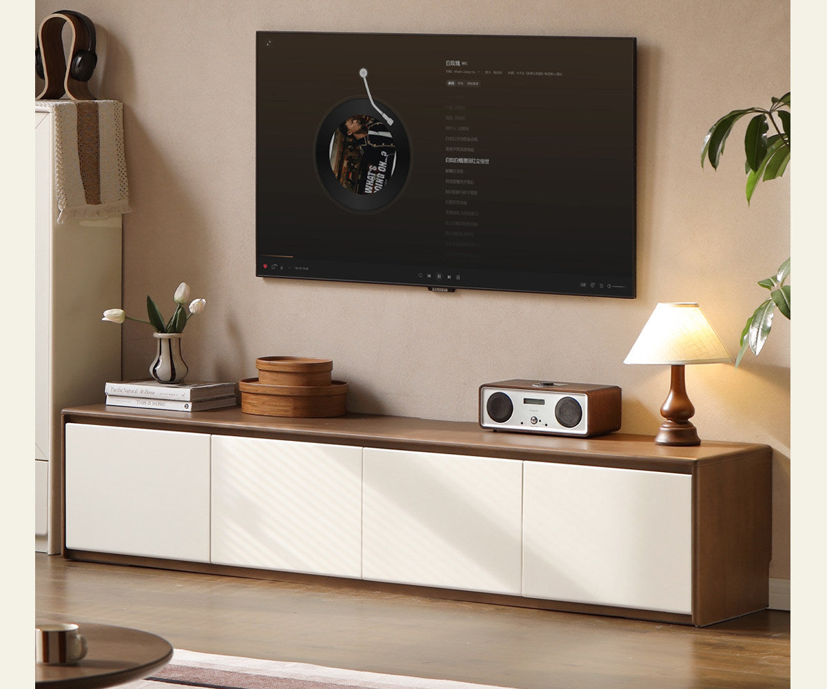 Solid RubberWood TV Console with Two-Tone Color Block Design and Full Pull-Out Drawers