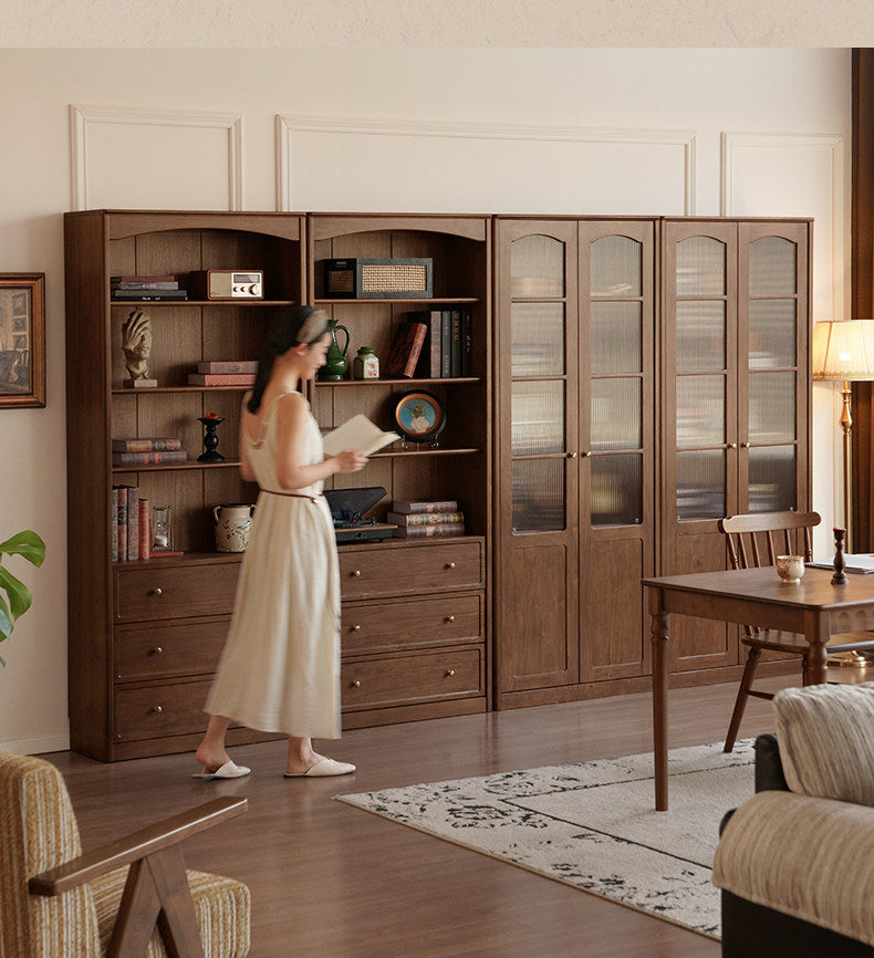 Black Walnut Solid Wood Bookshelf and Display Cabinet with Vintage French Profile