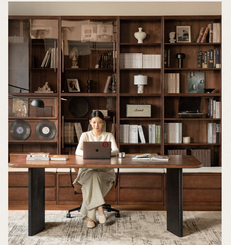 Solid Longan Hardwood, Ash Solid Wood Bookcase with Floor-to-Deck and Wall-Mounted Display Cabinet