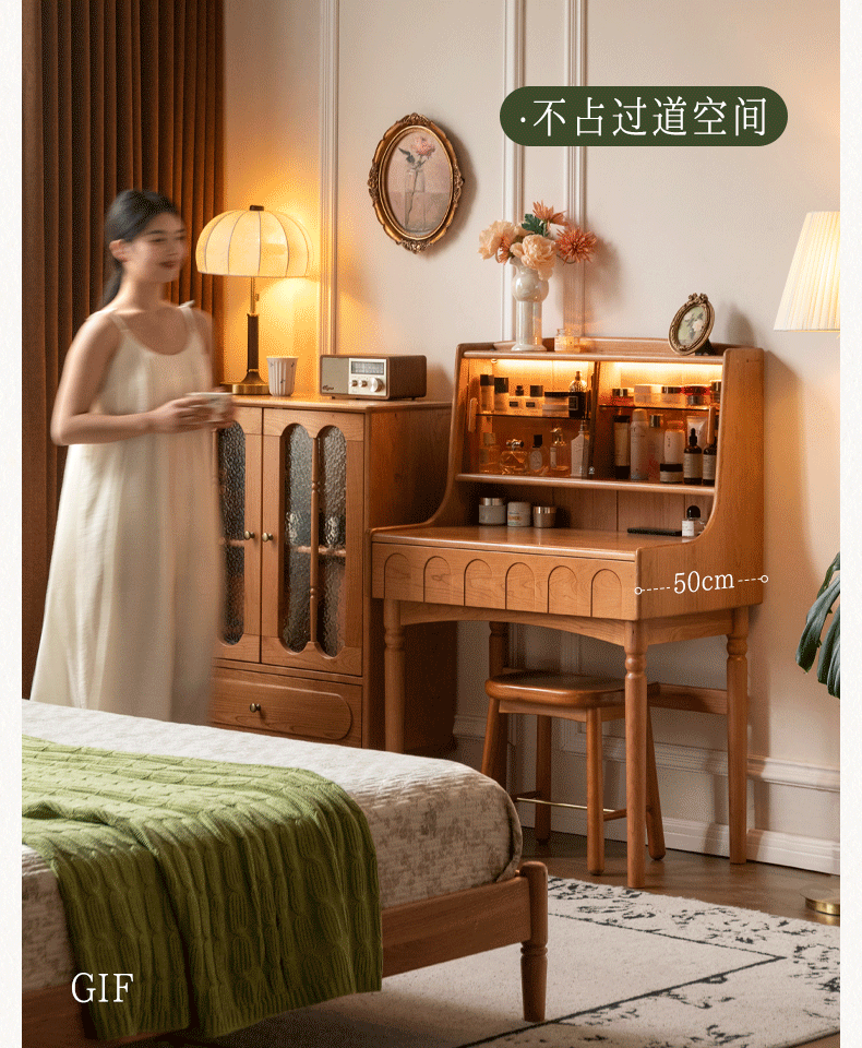 Cherry Solid Wood French Retro Vanity Table with Light