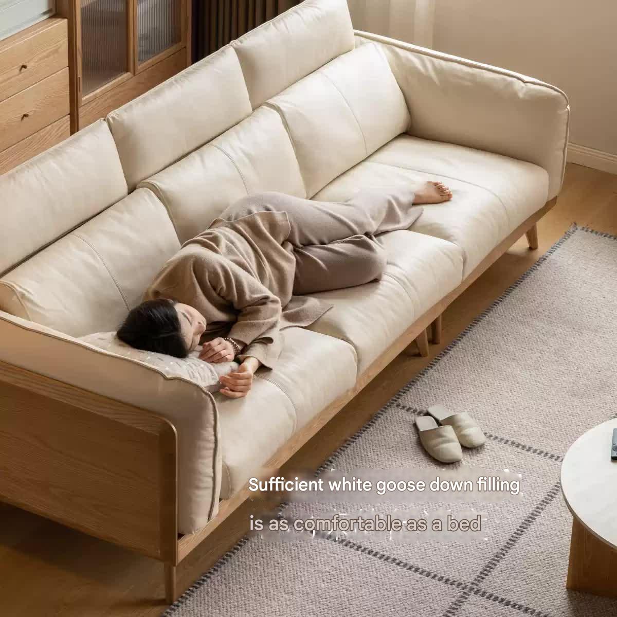 Ash Solid Wood high back Sofa genuine leather, fabric