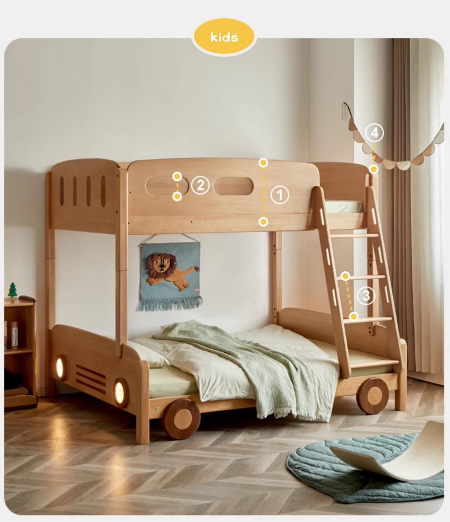 Beech solid wood children's Bunk Bed cartoon car Bed.